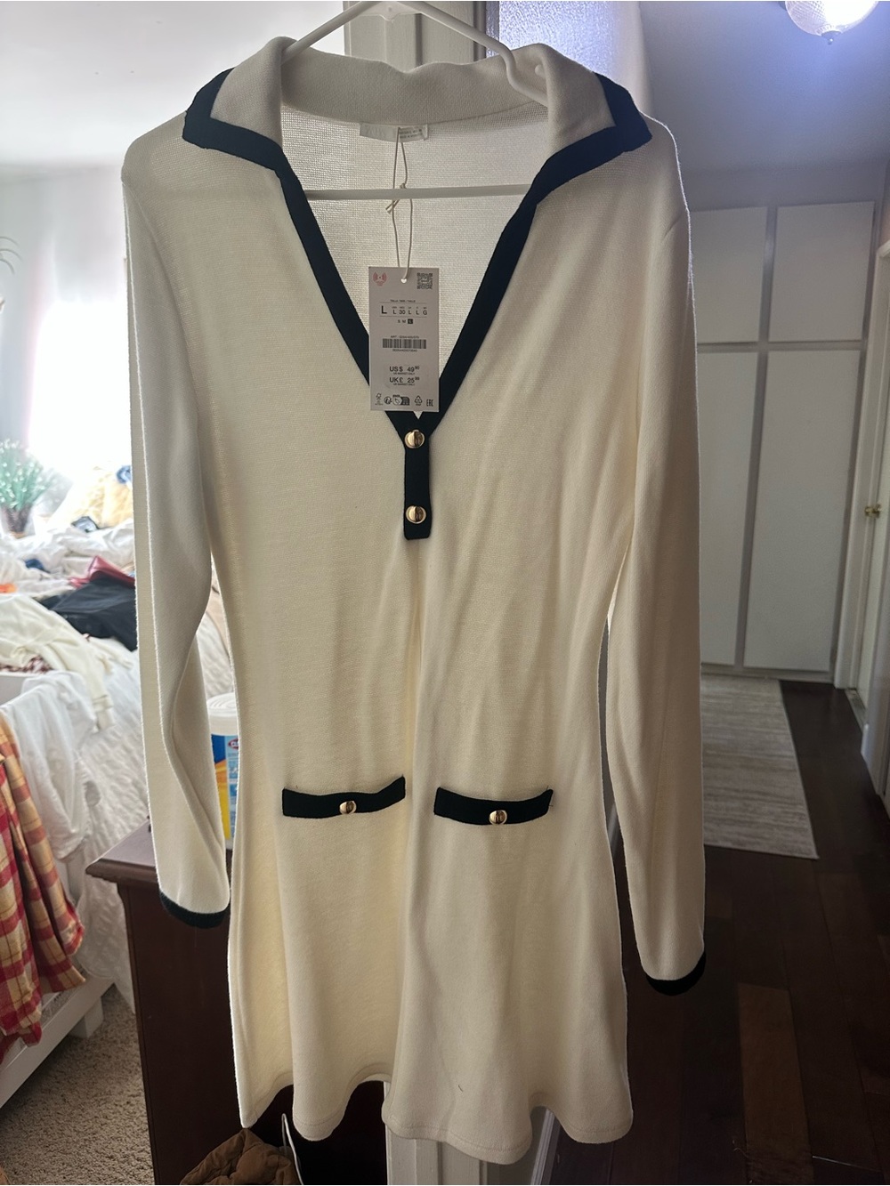 Zara Cream Long-Sleeve Dress with Black Trim and Gold Buttons